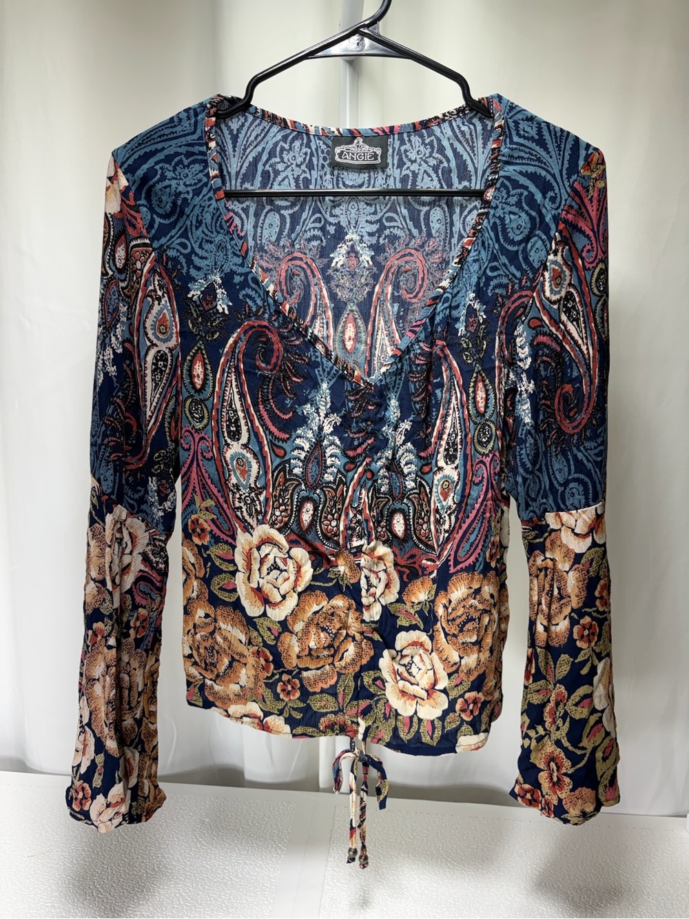 Angie Navy Multicolor Paisley & Rose Tie-Hem V-Neck Long Sleeve Top 4434